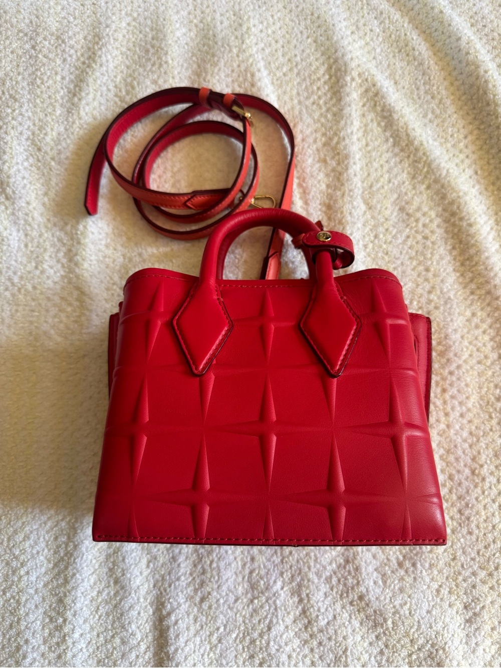 MCM Red Quilted Crossbody Satchel with Gold Accent - Picture 3 of 10